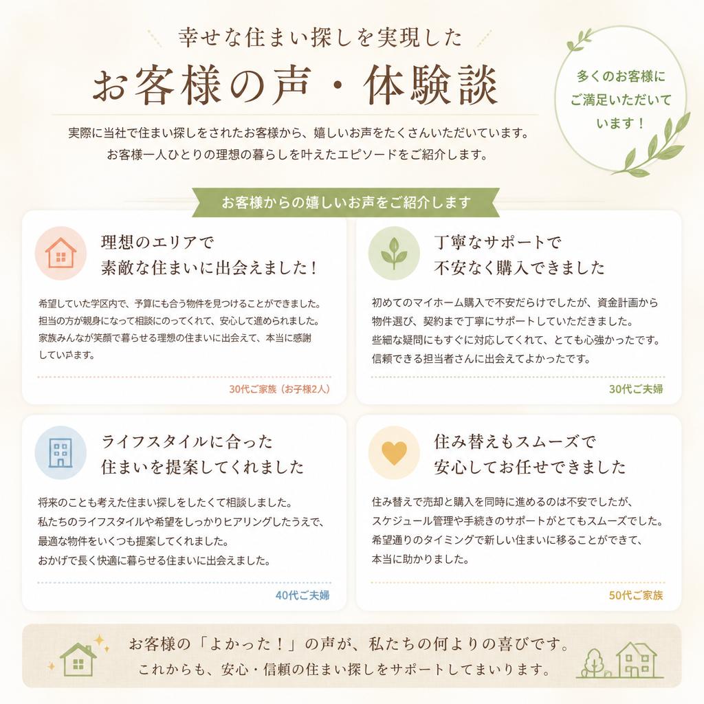 お客様の声：成功した住まい探しの実例